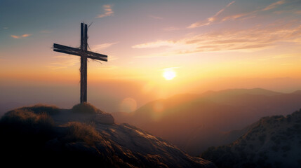 Cross on the mountain representing the religion Generative AI