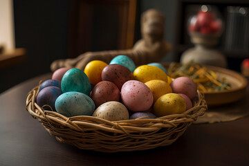 Fototapeta na wymiar Close-up View of a Vibrantly Colored Easter Egg-filled Basket against a Dark Background, Capturing the Festive and Joyful Essence of the Easter Season, made with Generative AI