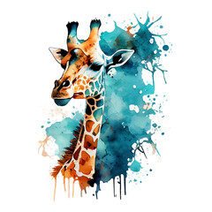 Giraffe illustration for t-shirt, Portrait of safari giraffe with watercolored PNG background and splashes, Generative ai