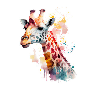 Giraffe illustration for t-shirt, Portrait of safari giraffe with watercolored PNG background and splashes, Generative ai