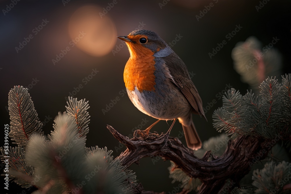Poster bokeh-filled dusk photograph of a robin perched on a juniper branch generative ai