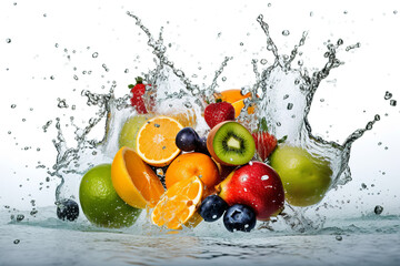 Fototapeta na wymiar Healthy food diet freshness concept. Fresh multi fruits and vegetables splashing blue clear water. Isolated white background AI generated illustration.