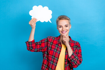 Photo of young clever business lady touch chin minded genius plan speech hold empty space bubble cloud thoughtful isolated on blue color background