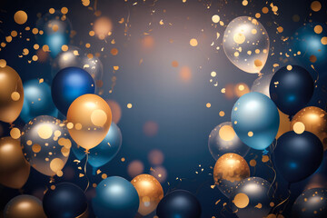 Golden and blue balloons with Confetti. Holiday, Sale and Party Decoration. Generative AI.