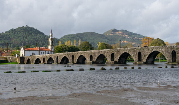 ancient roman bridge over the river in ponte de lima portugal