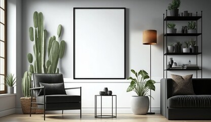 Modern living room Interior design with black poster mockup frame, Blank wooden picture mockup on wall for presentation painting, photo or poster in interior design