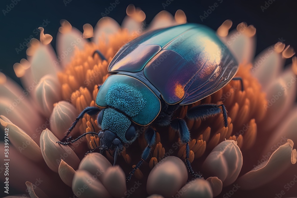 Poster detailing and beautifying an insect on a flower using a macro lens. generative ai