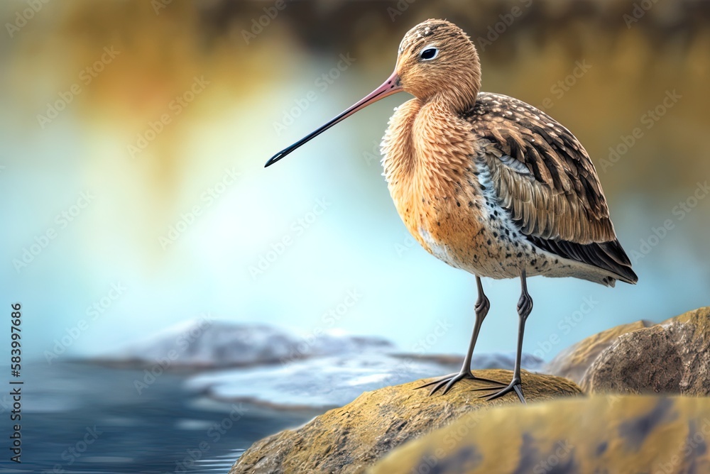 Poster a flock of little godwits on the shore of a lake generative ai