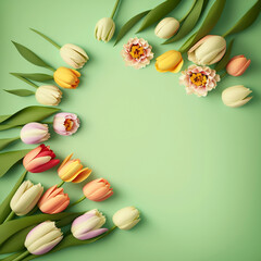 Naklejka na ściany i meble Women's Day concept. Top view photo of bunches of fresh flowers tulips on isolated pastel green background with copyspace Generative AI