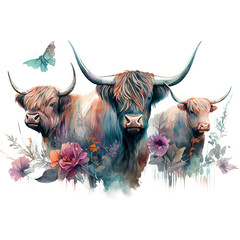 Cute Highland cattle cow watercolor beautiful floral, generative ai