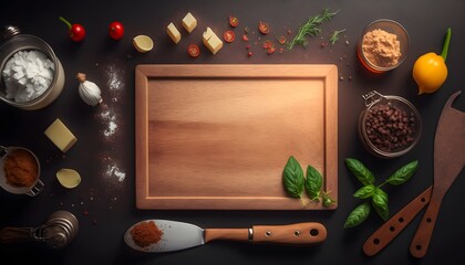 Background of a kitchen board. Wallpaper illustration. Top view and flat lay with copy space for text information or content. Concept of professions, International Chefs Day. Generative AI.