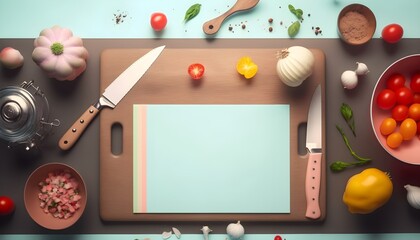 Background of a kitchen board. Wallpaper illustration. Top view and flat lay with copy space for text information or content. Concept of professions, International Chefs Day. Generative AI.