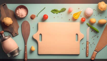 Background of a kitchen board. Wallpaper illustration. Top view and flat lay with copy space for text information or content. Concept of professions, International Chefs Day. Generative AI.