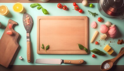 Background of a kitchen board. Wallpaper illustration. Top view and flat lay with copy space for text information or content. Concept of professions, International Chefs Day. Generative AI.