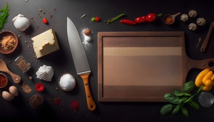 Background of a kitchen board. Wallpaper illustration. Top view and flat lay with copy space for text information or content. Concept of professions, International Chefs Day. Generative AI.