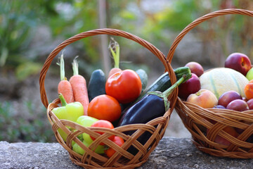Two wicker baskets with healthy seasonal food in a garden. Selective focus.
