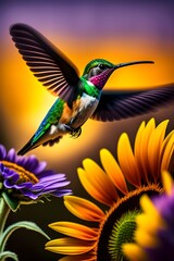 Obraz premium Hummingbird flying about to land on a sunflower