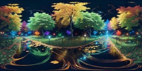 Photo of a beautiful painting depicting a park illuminated at night by colorful lights among the trees