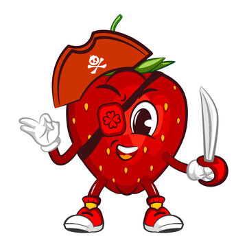 vector illustration of the mascot character of a one eyed strawberry pirate with a pirate hat and carrying a dagger