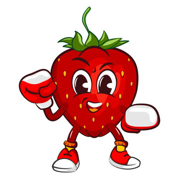 vector illustration of the mascot character of a strawberry boxing with boxing gloves