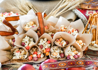 popcorn, delicious colorful popcorn on the table.