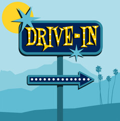 Retro neon drive-in sign with palm trees done in flat design style