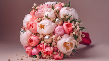 Obraz na płótnie Canvas Bridal bouquet of peonies. Wedding composition closeup. Generative AI