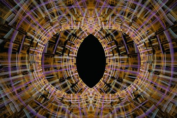 Orange double round pattern of crooked waves on a black background. Abstract fractal 3D rendering