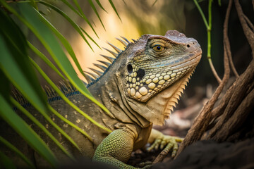 Fototapeta premium Iguana walking in dense forest, Generative AI