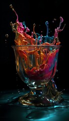Colourful liquid jumping out of a glass jar black background wallpaper, surface with some liquid
