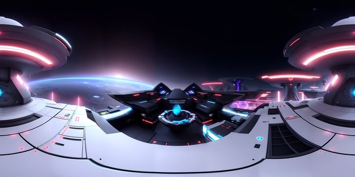 Photo of a futuristic space station with glowing lights and a surveillance camera