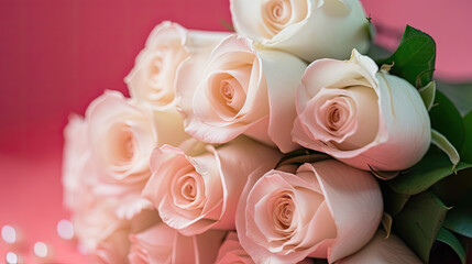 Wedding bride bouquet of pink roses. Macro closeup. Generative AI