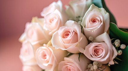 Obraz na płótnie Canvas Wedding bride bouquet of pink roses. Macro closeup. Generative AI