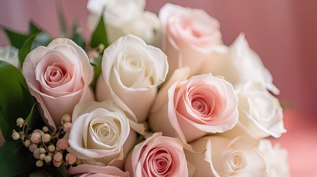 Wedding bride bouquet of pink roses. Macro closeup. Generative AI