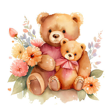 Mom and baby bear and leaves and flowers; can be used for cards or baby shower or mother's day posters; watercolor hand draw illustration; transparent background, generative ai