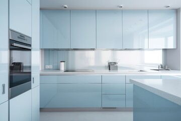 Fototapeta na wymiar Modern, pastel blue, light blue, kitchen, matte color