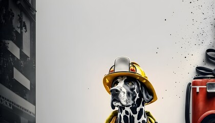 Background of a firefighter dog. Wallpaper illustration. Front view with copy space for text information or content. Concept of profissions, International Firefighters Day. Generative AI.