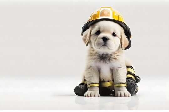 Background of a firefighter dog. Wallpaper illustration. Front view with copy space for text information or content. Concept of profissions, International Firefighters Day. Generative AI.