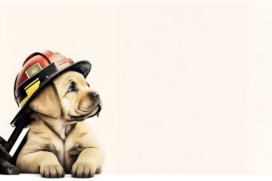 Background of a firefighter dog. Wallpaper illustration. Front view with copy space for text information or content. Concept of profissions, International Firefighters Day. Generative AI.