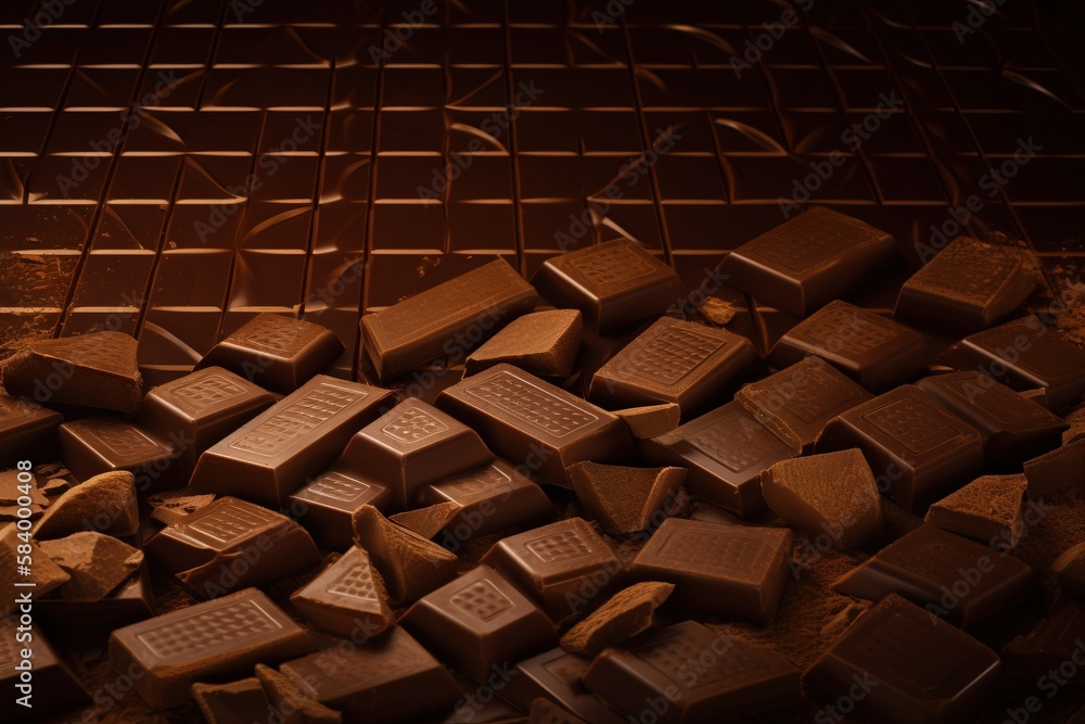 Poster a pile of chocolate bars sitting on top of a counter. generative ai