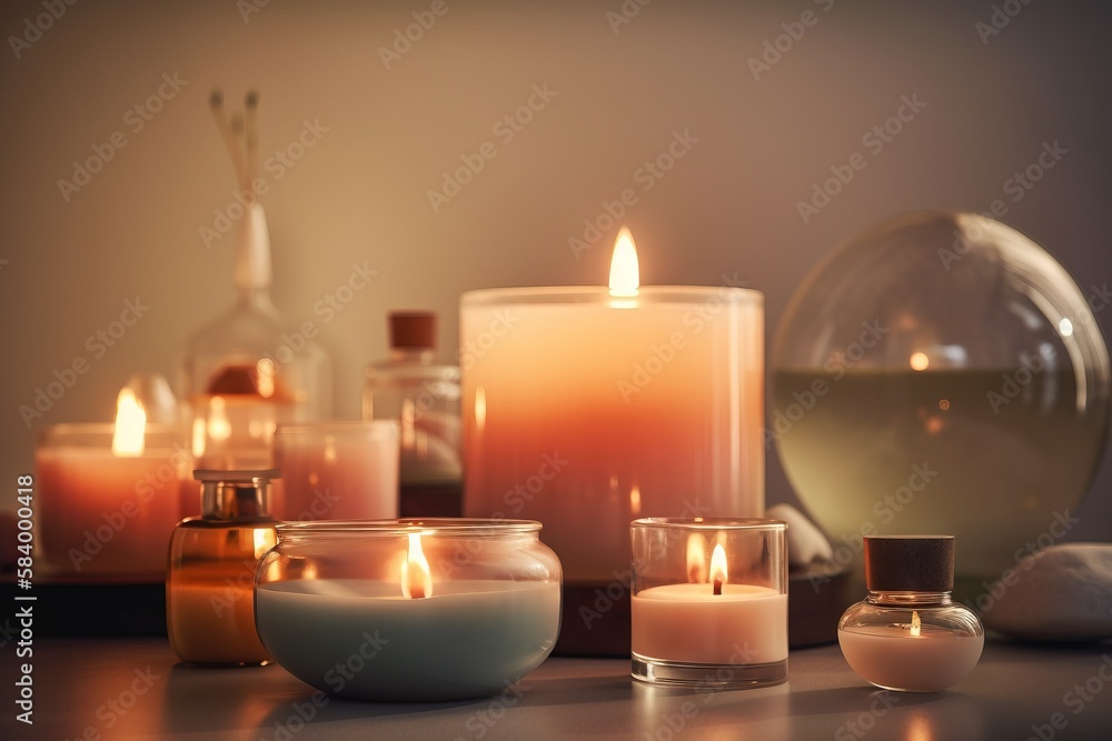 Poster a table topped with lots of lit candles next to bottles. generative ai