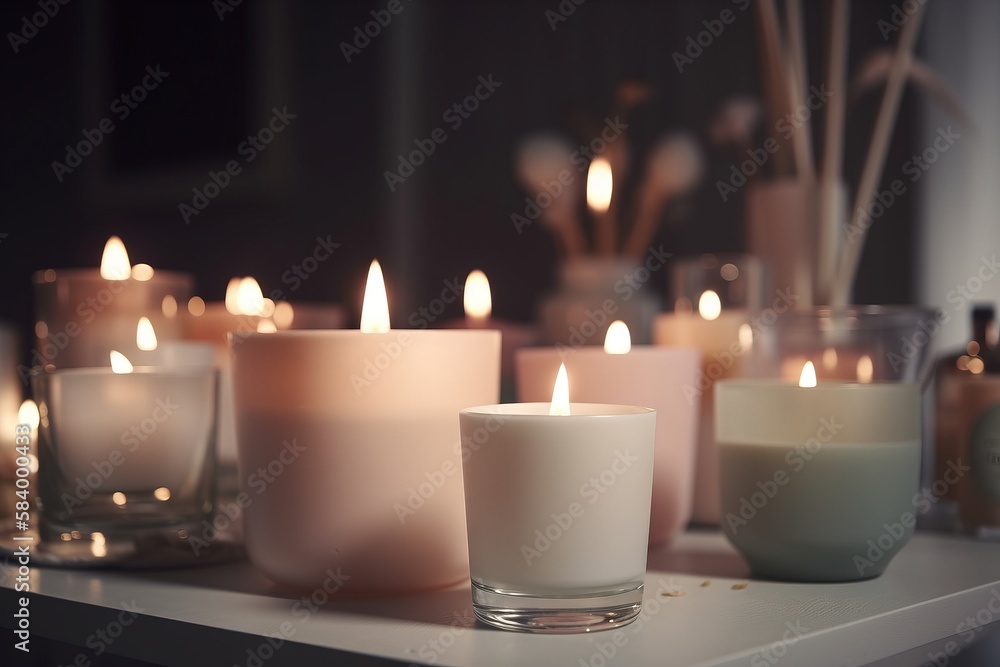 Poster  a group of candles sitting on top of a table next to each other.  generative ai