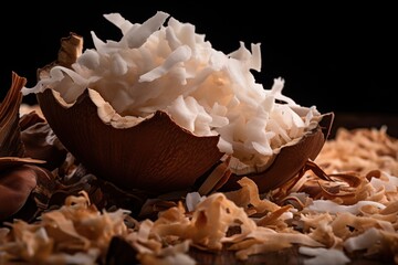  a wooden bowl filled with shredded coconut on top of a table.  generative ai