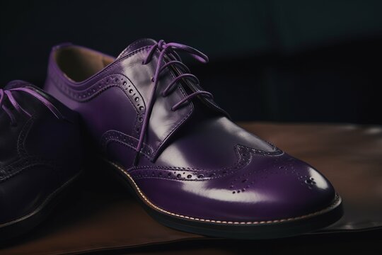  a pair of purple shoes sitting on top of a wooden table.  generative ai