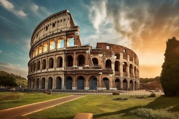 Fototapeta na wymiar Colosseum, Rome, Azure Sky, Monumental Scale, Setting Sun, Generative AI