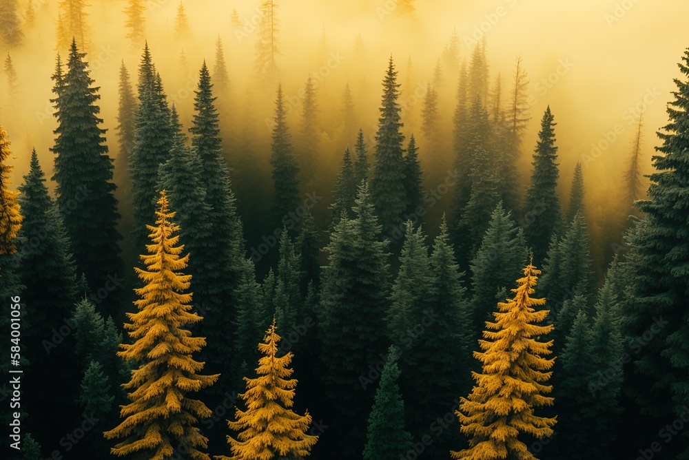 Poster wide-angle view of a forest of spruce trees against a bright sky and a hazy background. generative a