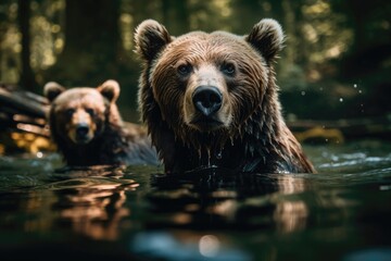 Fototapeta na wymiar Bear With A Cub Swimming water. Generative AI
