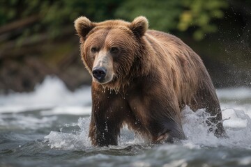 Obraz na płótnie Canvas Brown Bear Fishing For Salmon In A Rushing River . Generative AI