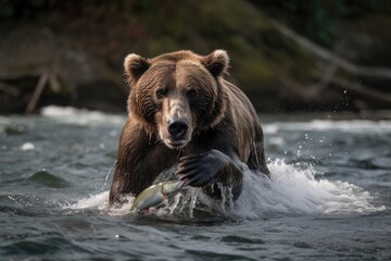 Plakat Grizzly Bear Catching Salmon In A Rushing River. Generative AI