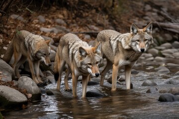 A Pack Of Coyotes Hunting Near A Mountain Stream. Generative AI